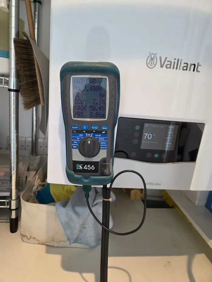 Flue gas analyser connected to a Vaillant boiler during a service